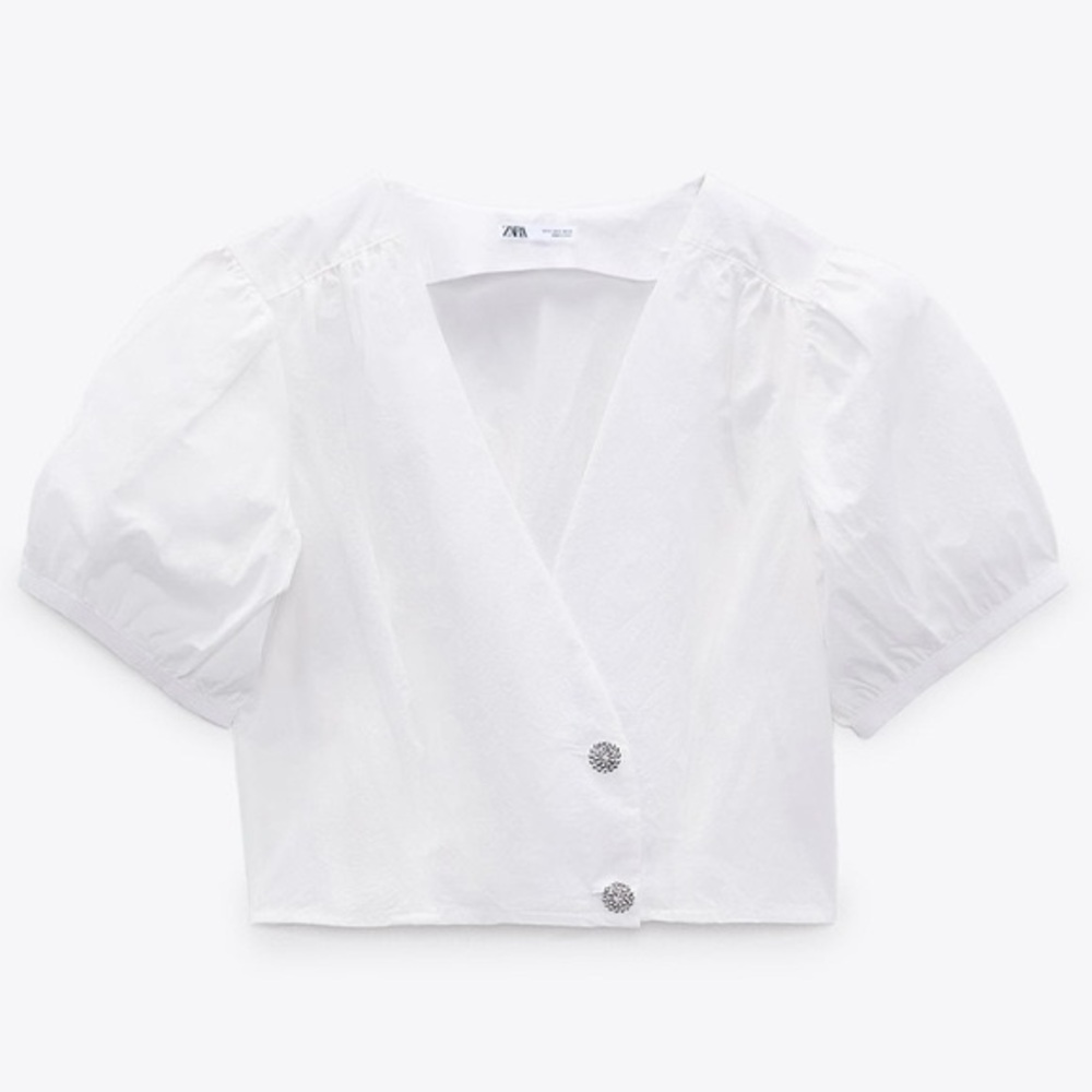 ZARA White Puff Sleeve Cropped Blouse - Size S